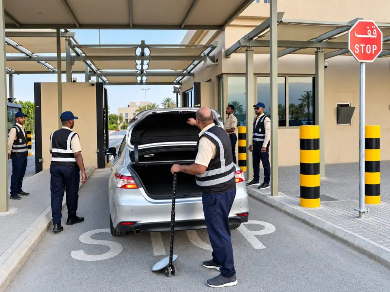 Security officers checking a vehicle at a residential compound entrance